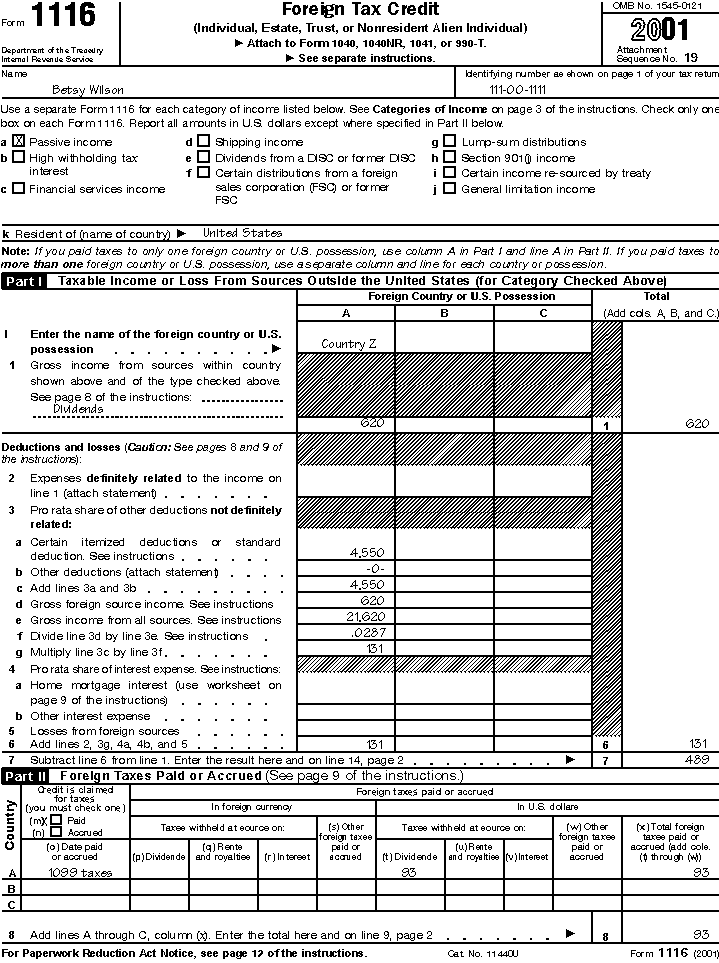 Form 1116, page 1 for Betsy Wilson 