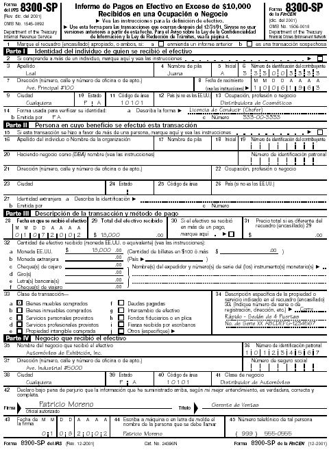 Filled-In Form 8300-SP