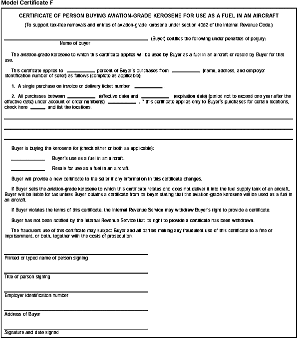 Model Certificate F